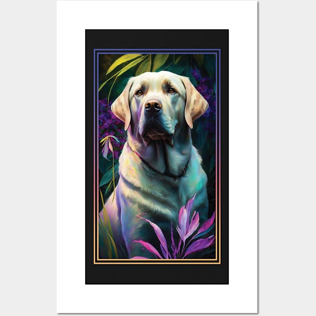 Labrador Retriever Dog Vibrant Tropical Flower Tall Digital Oil Painting Portrait 3 Wall Art by ArtHouseFlunky